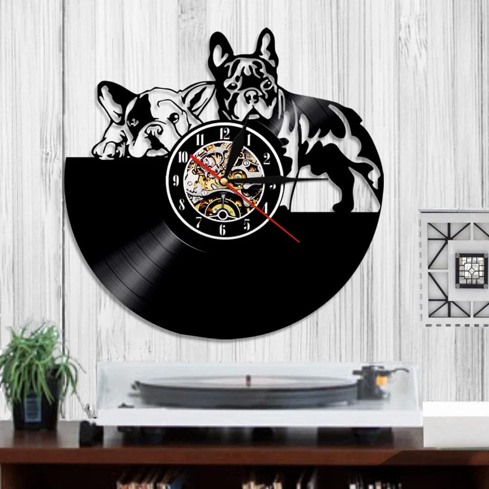 Horloge Vinyle 2 Bouledogues LED Pour Humains