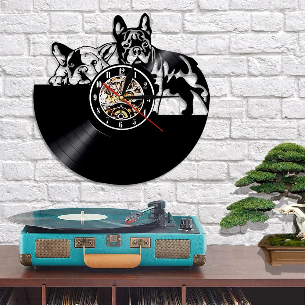 Horloge Vinyle 2 Bouledogues LED Pour Humains