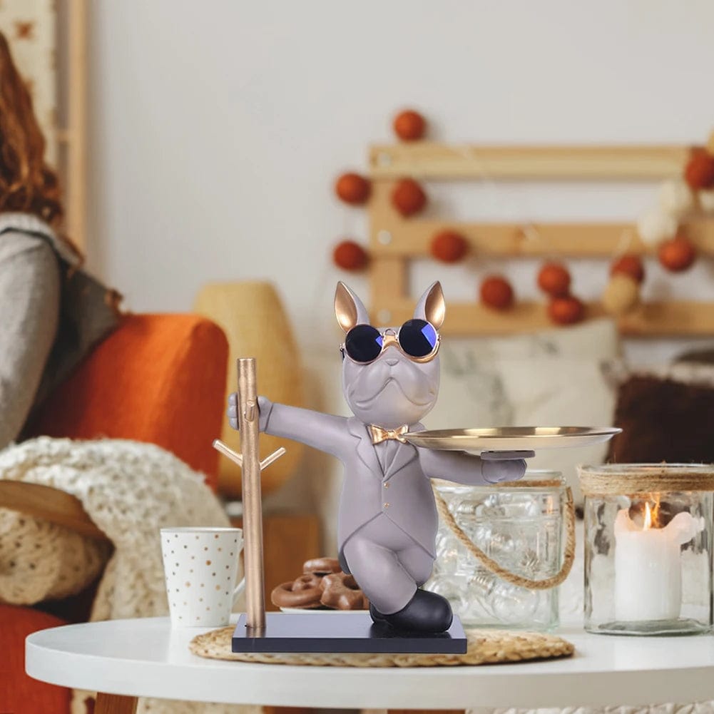 Statue de Bouledogue en Résine – Décoration d&#39;Intérieur avec Plateau pour Maison ou Bureau