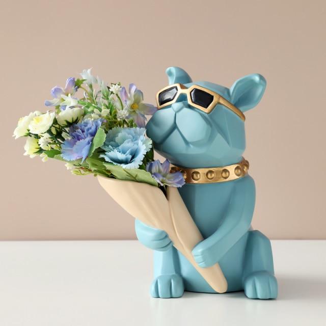 Bouledogue Avenue Pour Humains Bleu avec fleur Figurine Bouledogue Français