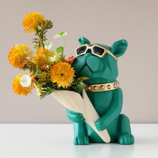 Bouledogue Avenue Pour Humains Vert avec fleur Figurine Bouledogue Français