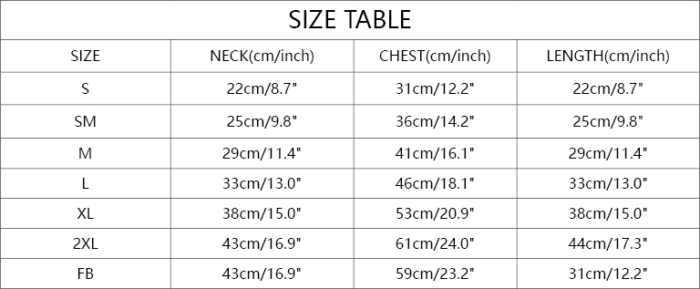 table des tailles