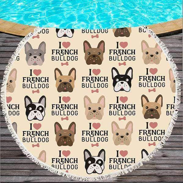Bouledogue Avenue Serviette de Plage Ronde décor Bouledogue et Carlin
