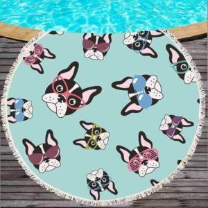 Bouledogue Avenue Serviette de Plage Ronde décor Bouledogue et Carlin