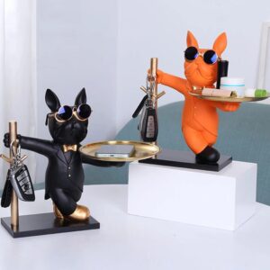 Statue de Bouledogue en Résine – Décoration d'Intérieur avec Plateau pour Maison ou Bureau
